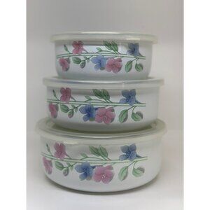 VTG 70s Floral Enamel Storage Bowl Set with Plastic Lids Set of 3 Retro Kitchen